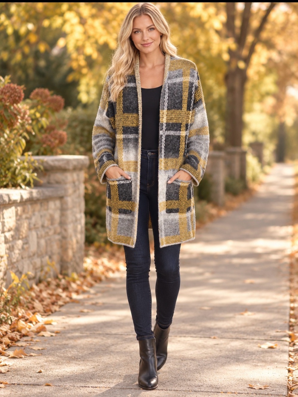 Funsport medium Plaid Open-Front Cozy Cardigan Sweater in Mustard and Gray